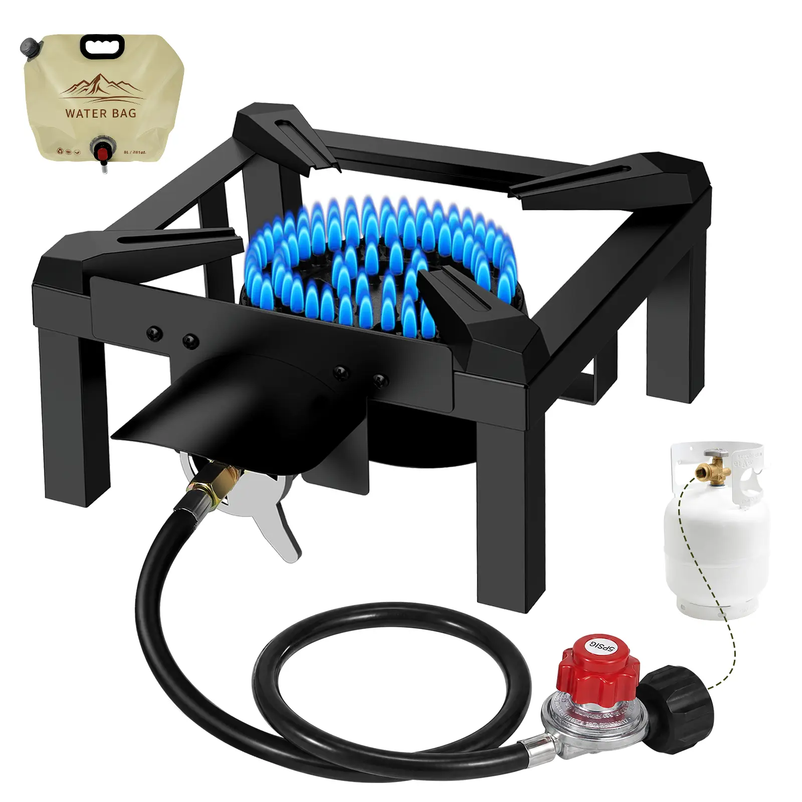 BESTFIRE 10" High-Pressure Propane burner 100K BTU Single Gas Stove with Water Bag Adjustable Hose (4.1ft) & Regulator–Ideal for Backyard Cooking Home Brewing Turkey Fry & picnic cooker emergency protable camping stove outdoor frying patio