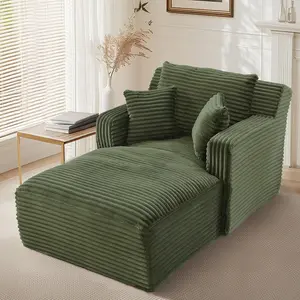65.4" Chaise Lounge Chair Indoor, Oversized Boneless Couch Comfy Upholstered Sleeper Sofa Bed with 3 Pillows, Corduroy Cloud Reading Chair for Living Room No Assembly Required, Green