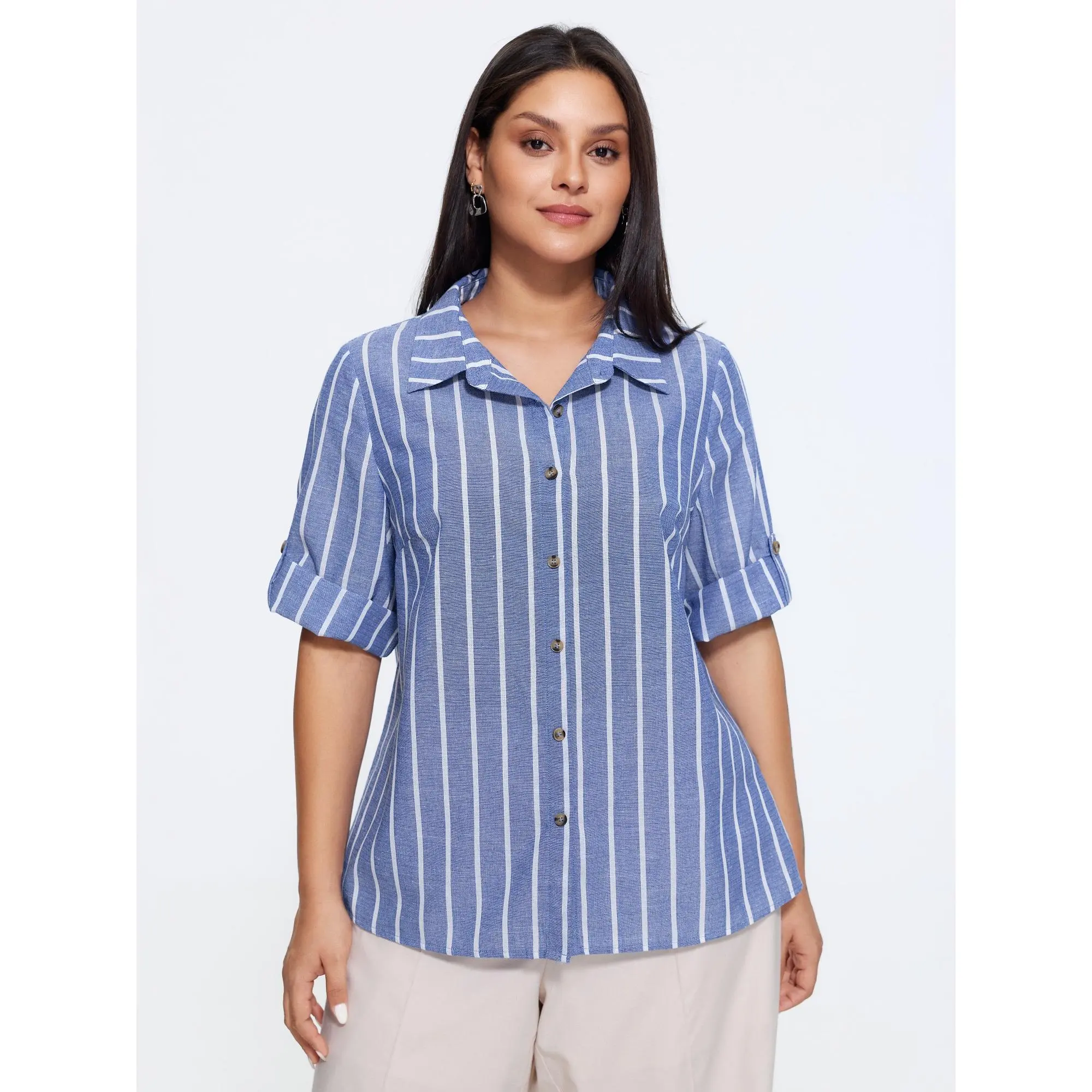 BLOOMCHIC Plus Size Stripe Print Button Front Tab Sleeve Blouse[M-6X] 2026 Summerfinds