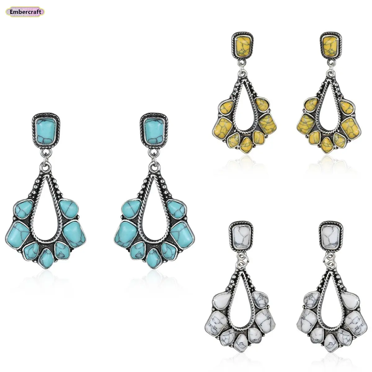 Women's Turquoise Boho Drop Earrings - 8g Lead-Free Vintage Silver Scrollwork Western Bold Statement Silhouette Earrings for Country Concerts, Adults