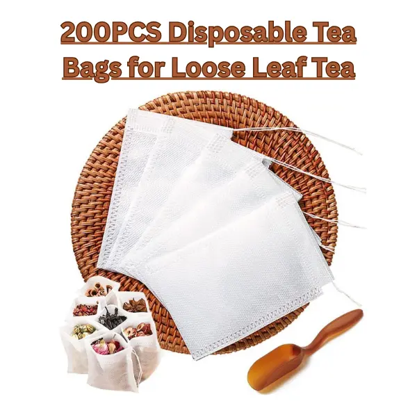 200PCS Disposable Tea Bags for Loose Leaf Tea – Unbleached Filter Bags with Drawstring & Free Spoon for Tea, Coffee, Herbs & Spices