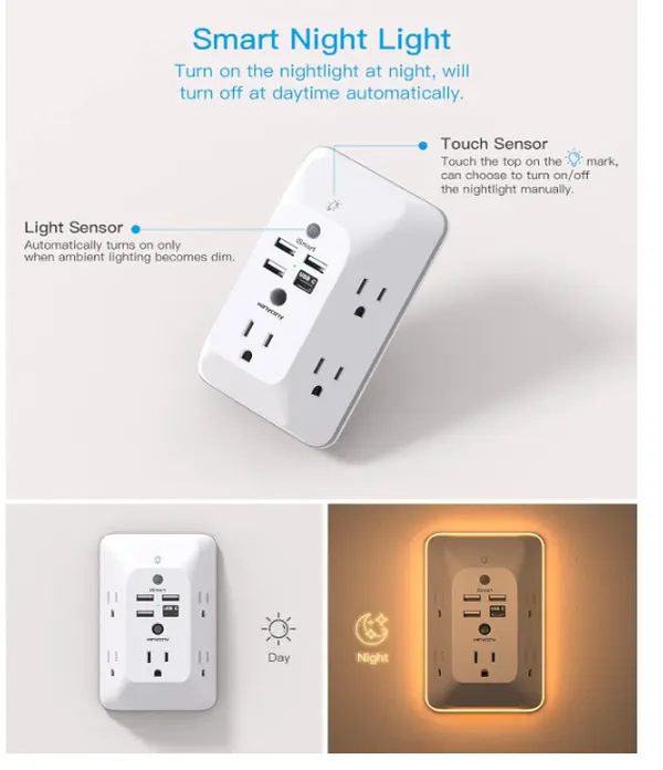 Outlet Extender with Night Light, HANYCONY Multi Plug Outlet, USB Wall Charger Surge Protector 4 USB Ports(1 USB C), Power Strip Electrical Outlet Splitter Expander for Home Office Dorm Room, ETL