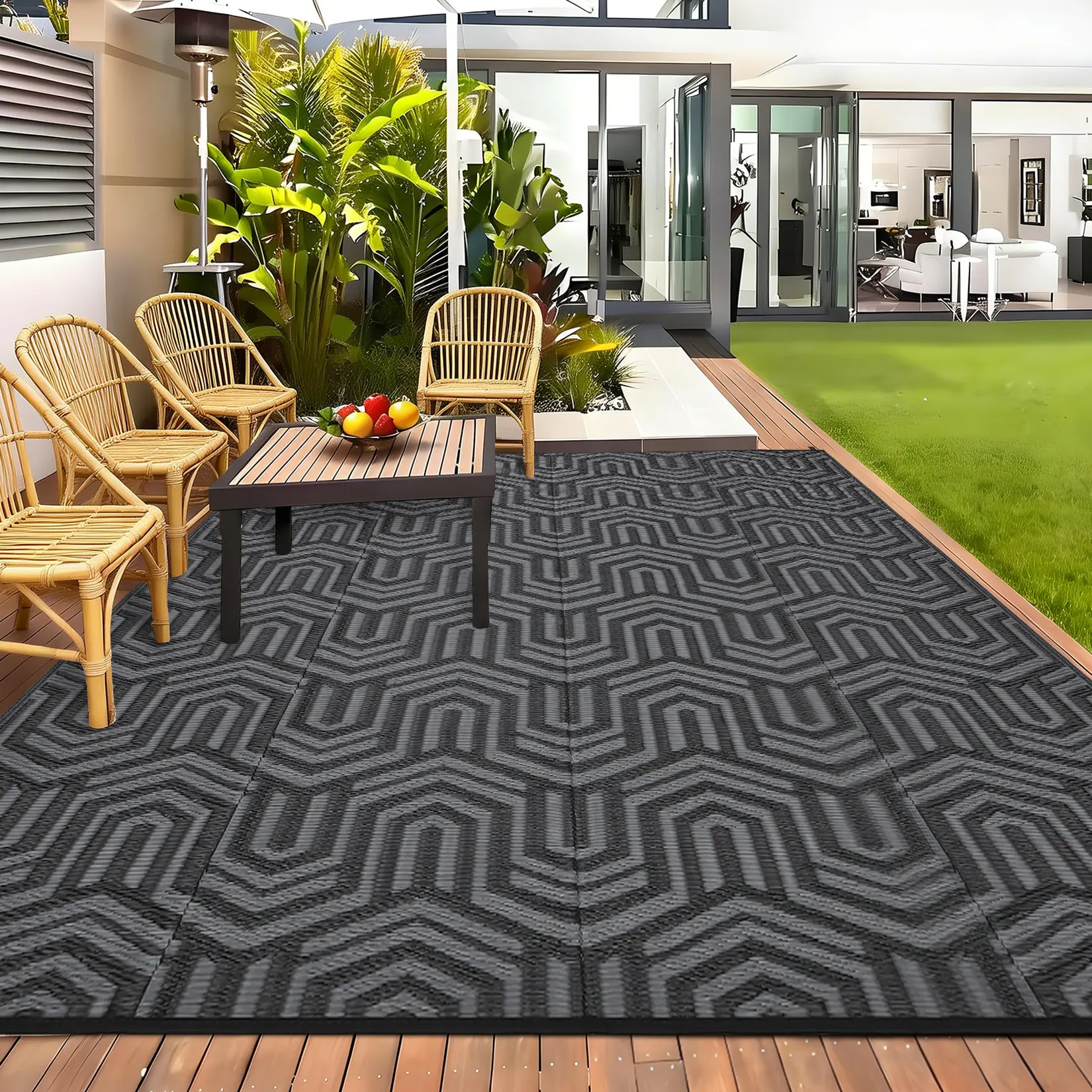 Modern Outdoor Rugs, Plastic Straw Waterproof Geometric Striped Rug - Easy Care Portable Low Pile Carpet - Ideal for Patio, Garden, Deck, RV, Camping, Balcony, Beach