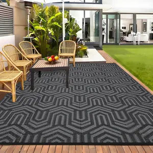 Modern Outdoor Rugs, Plastic Straw Waterproof Geometric Striped Rug - Easy Care Portable Low Pile Carpet - Ideal for Patio, Garden, Deck, RV, Camping, Balcony, Beach