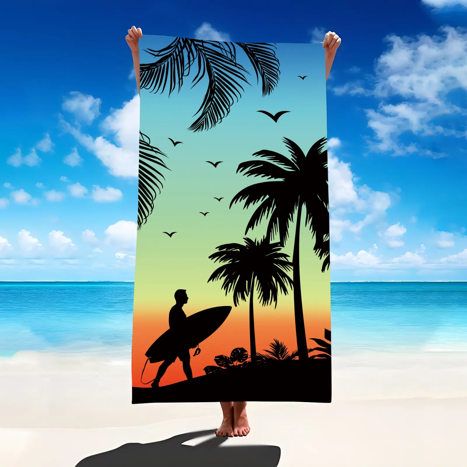 1pc Sunset Surfboard Coconut Tree Pattern Beach Towel, Superfine Fiber Oversized Sand Blanket, High Absorbent Bath Towel for Travel Pool Diving Yoga Camping
