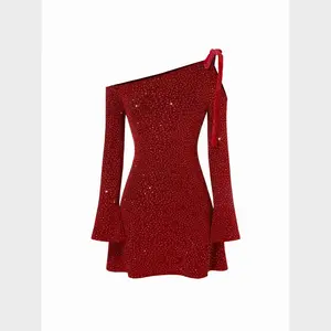 Cider Asymmetrical Neck Cut Out Bowknot Rhinestone Bobycon Mini Dress
