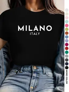 Casual Women's T-Shirt    Letter Print  Round Neck Short Sleeve Printed Top   2-Way Layering/Solo Wear  Spring Summer & Year-Round Commute-Ready