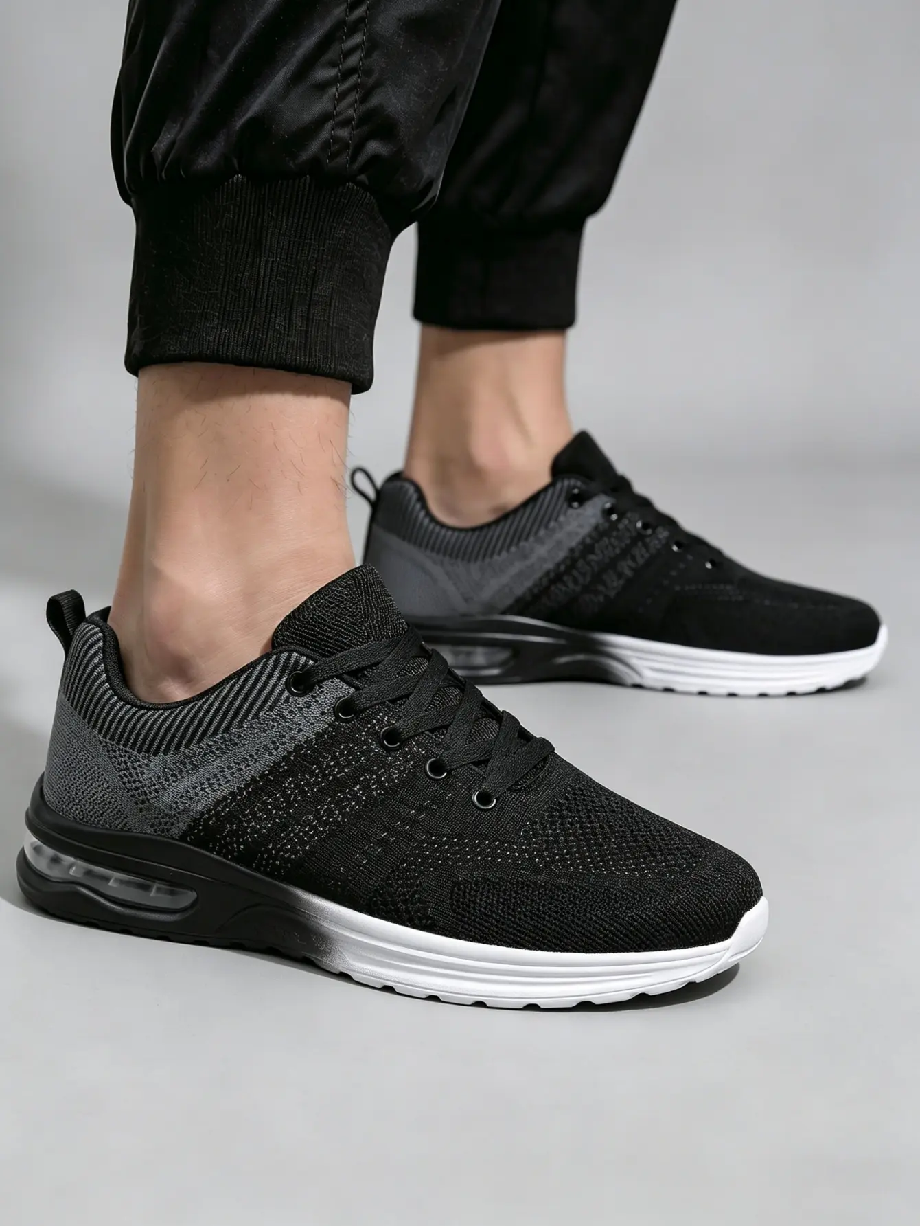 Men’s Shoes - Black-Grey Gradient Fly-Knit Air Cushion Running Sneakers, Adjustable Lace-Up Ankle Casual Trainers, Breathable Lightweight Non-Slip Wedge All-Seasons Footwear for Daily Workout, Gym Shoes, Affordable Fashion, Men's Fashionable Shoes, Sporty