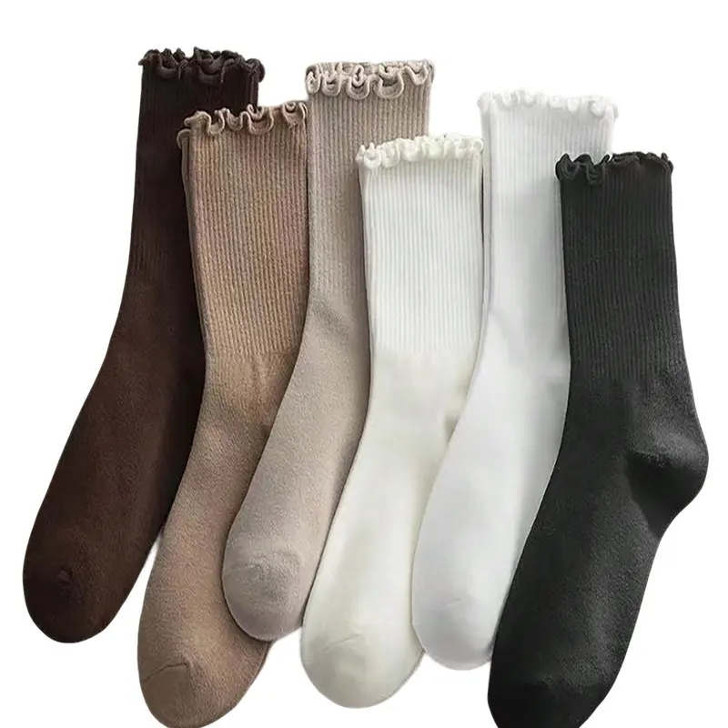 6 Pairs Solid Color Women's Mid-Calf Sock Set with Ruffled Hem, Casual Daily Wear, Comfortable, Soft, Fitted and Stylish Knit Fabric Socks, Perfect for All Seasons, Lady, Elastic Socks, Solid Plain Socks