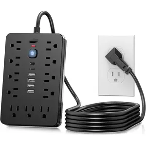 6 FT Flat Plug Surge Protector Power Strip,11 Multiple AC Outlets with 6 USB Ports (2 USB C), 6  Extension Cord, 1250W/10A, One Touch  Button, 17 in 1 Compact powerstrip