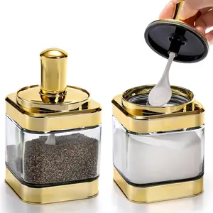 2 Pack Glss Condiment Pot, 12 Ounce   Jars with Spoon, Seasoning Box Set Salt Container, Sugar Dispense, Kitchen Containers for Flour and Sugar