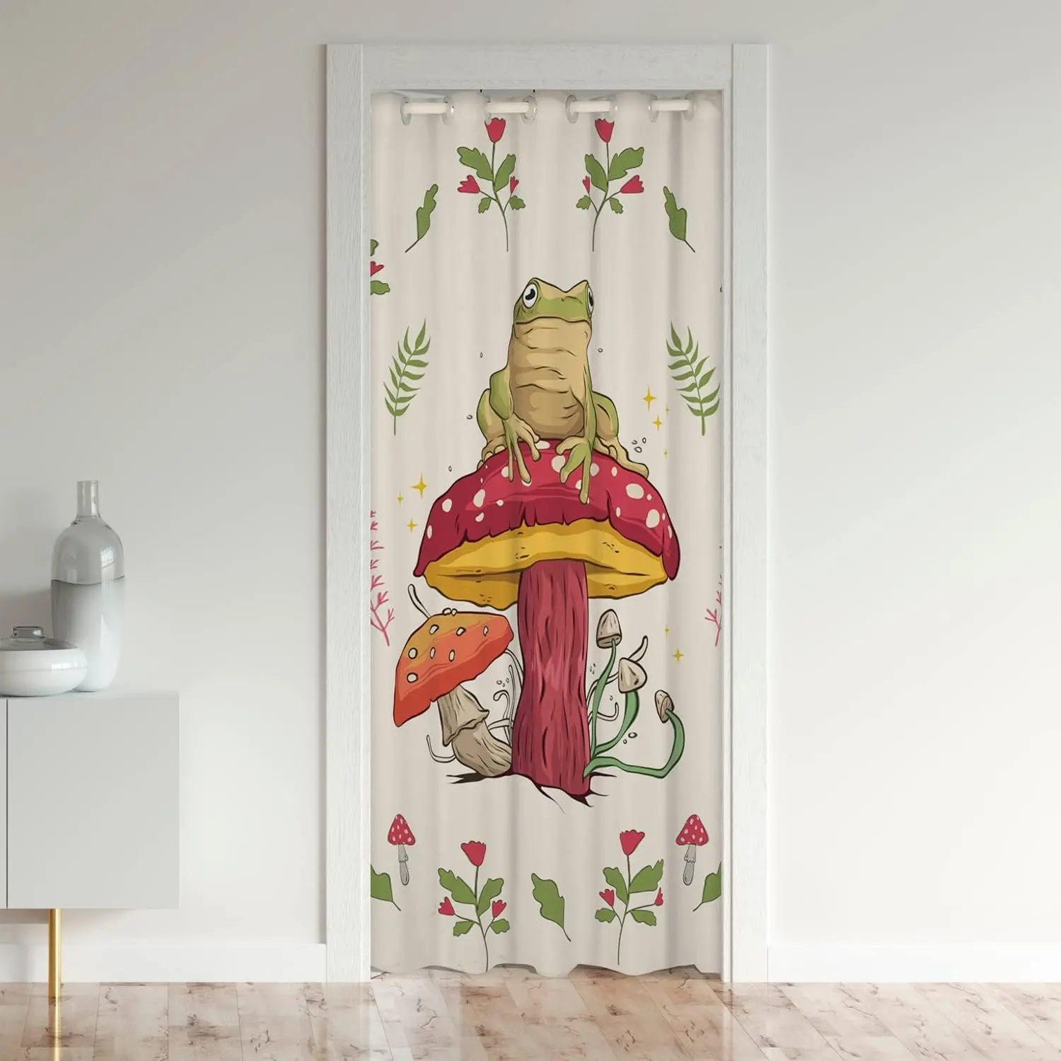 Feelyou Frog Print Blackout Door Curtain Cover, Thermal Insulated Mushroom Pattern Curtain, Kawaii Decor Cute Window Treatment (30%-50% Blackout), Thermal Insulated Curtain