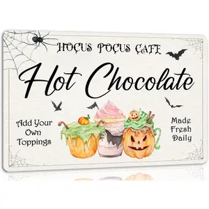 Halloween Hot Chocolate Vintage Metal Tin Sign Retro Cafe Bar Home Wall Decor Happy Halloween Poster Halloween Accessories 8x12 Inches