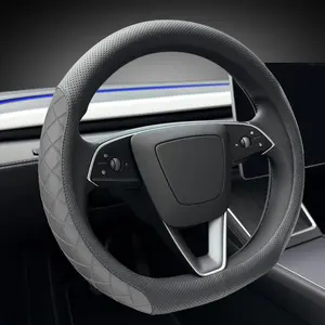 Genuine Leather Steering Wheel Cover Elegant Diamond Check Design Non-Slip Breathable for Tesla Steering Wheel Protector Black