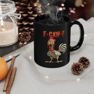 [BNB Gift 2025] SKull Chicken Black Mug 11 oz 15 oz, F-Caw-F Chicken For Halloween, Humorous Rooster Ceramic Drinkware, Gift ideas,Ceramic Coffee Mugs