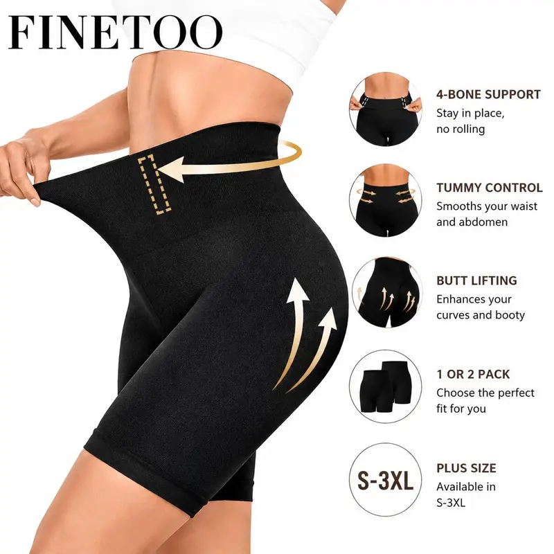 FINETOO Women's Seamless High-Waist Compression Shapewear Boyshorts - Tummy & Abdominal Control, Booty Lifting, Comfort Fit Leg, Smooth Lines, Soft Silicone Hold, Anti-Roll Bones, Invisible for Everyday/Wedding/Birthday, S-XXXL Minimalist Design