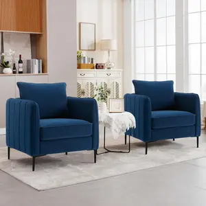 Blue Velvet Accent Chairs for Living Room, Modern Upholstered Accent Chair Comfy Velvet Armchair with Thick Cushion and Wood Frame, Single Sofa/Side Chair for Bedroom Nursery Office