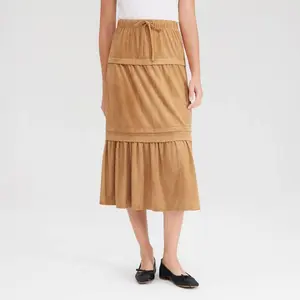 Women's Faux Suede Tiered Midi A-Line Skirt - Universal Thread Camel L