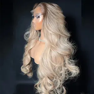 Ash Blonde With Dark Roots Colored Body Wave 13X6 HD Transparent Front Wig Milk Tea Color Can Be Restyled With Baby Hair Body Wave Lace Frontal Wig t Ombre Ash Blonde 180% density