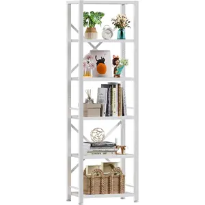 White Tall Bookshelf, Narrow Bookcase with 6 Shelves, Modern Freestanding Shelf Units, Metal and  Display Storage Corner Rack Organizer for Living Room, Home Office, Hallway, Bathroom