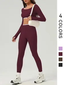 Two-Piece Set Women's Colorblock U Neck Crop Tee & High Waist Leggings Tracksuit Set, Casual Sporty Breathable Yoga Outfit Set for Yoga Gym Workout Running, Ladies Sportswear for All Seasons