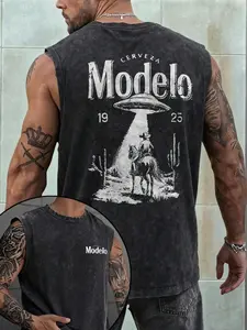 Men’s Modelo "UFO Cowboy" Washed Men's Printed Vintage Washed Vest, Loose Fit, Casual Street Style, An Essential Everyday Item| Western Streetwear