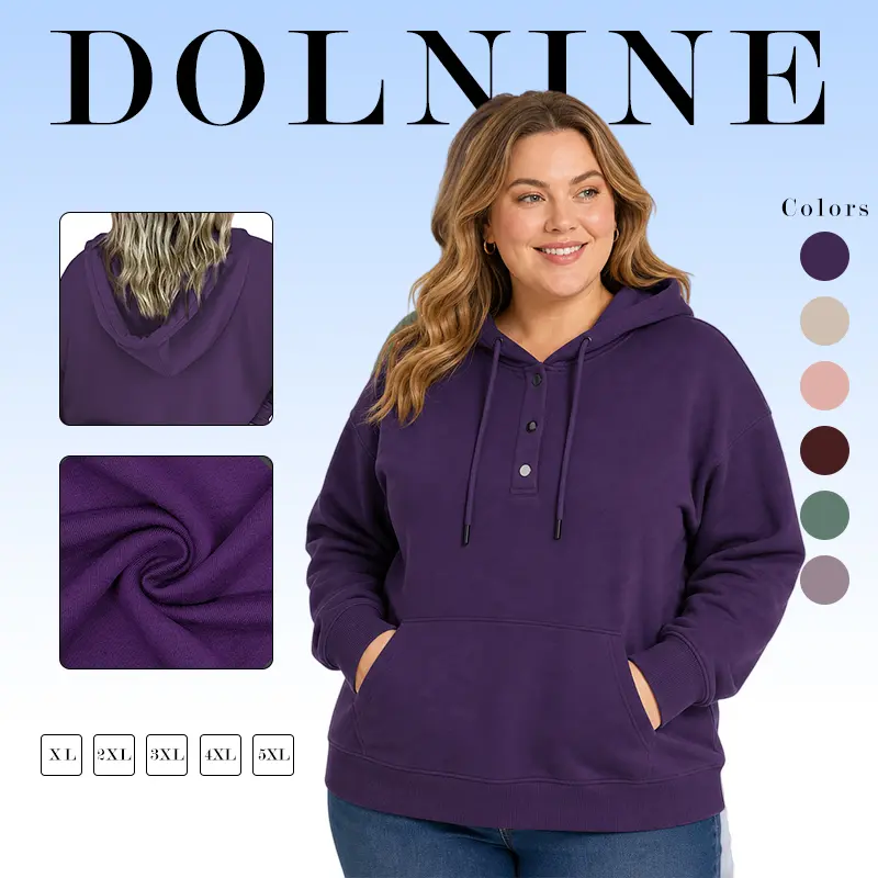 DOLNINE XL-5XL Women Plus Size Hooded Sweatshirts Early Fall Henley Button V Neck Pullover Hoodies with Kangaroo Pocket VPS0098