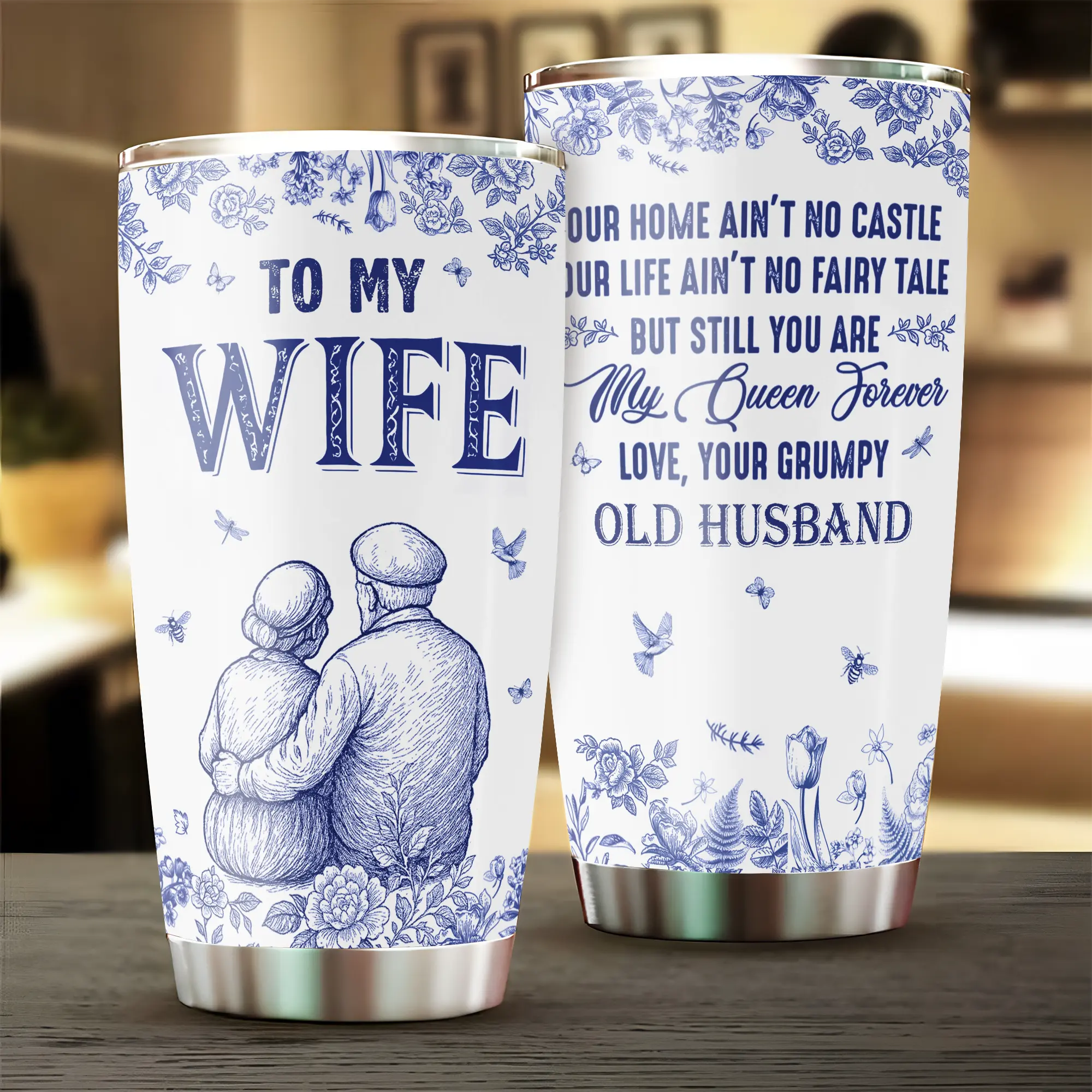 Gift - Vintage Blue Floral Art Tumbler, Romantic Gift from Husband, Stainless Steel Travel Mug, Old Couple Love Message, Anniversary or Birthday Gift To My Wife