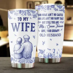 Gift - Vintage Blue Floral Art Tumbler, Romantic Gift from Husband, Stainless Steel Travel Mug, Old Couple Love Message, Anniversary or Birthday Gift To My Wife