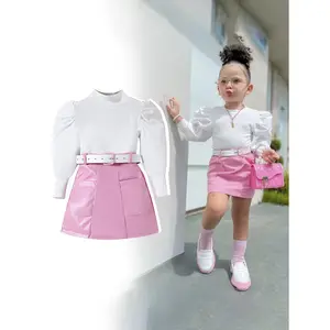 3pcs Children's Clothing Set for Medium and Small Children, Fashionable New Autumn Set with Bubble Sleeve Top + PU Skirt + Three-piece Set