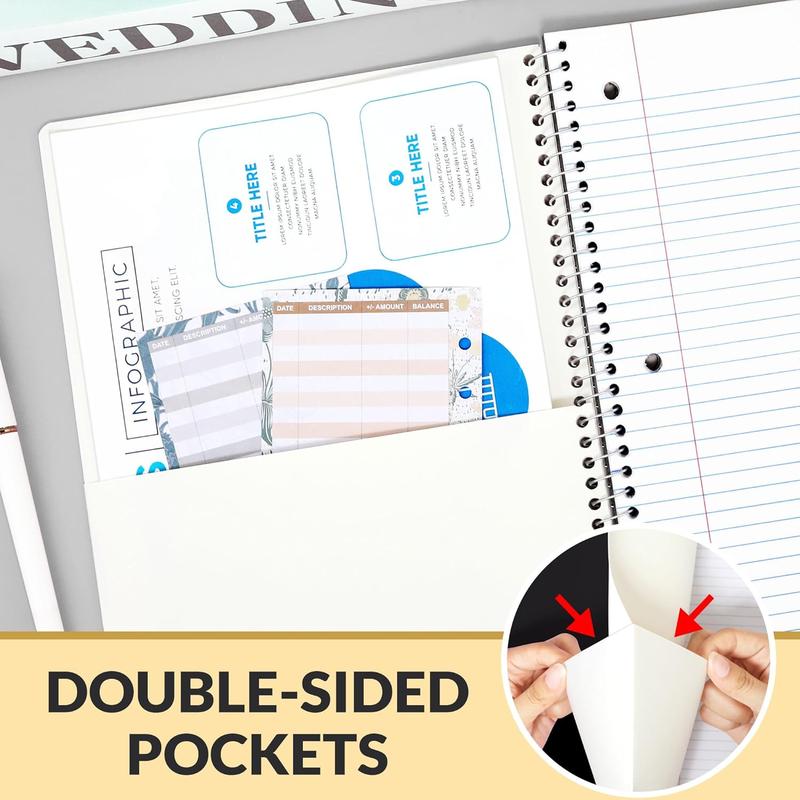 College Ruled Paper, x 101/2", 100 Sheets per Notebook, 3Hole Punched Paper, Water Resistant Cover, Doublesided Pockets, Spiral Lined Notebooks for Work, Black