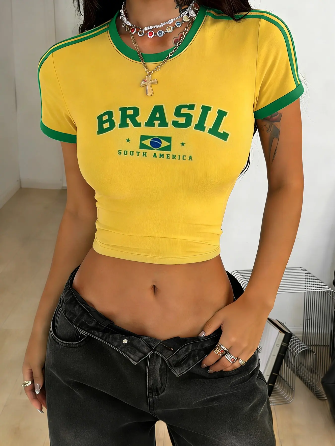Women's Brazil Theme Crop Top, South American Flag Design, Geometric, Block, Casual Streetwear Style, Summer, Perfect for Concerts, Travel, Music Festivals