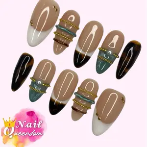Nail Queendom[JADE DRIP] Handcrafted 3D Press-On Nails Reusable Long Lasting Salon Quality Easy Application 10 Pieces Set Eco-Friendly 3D-gel Finish