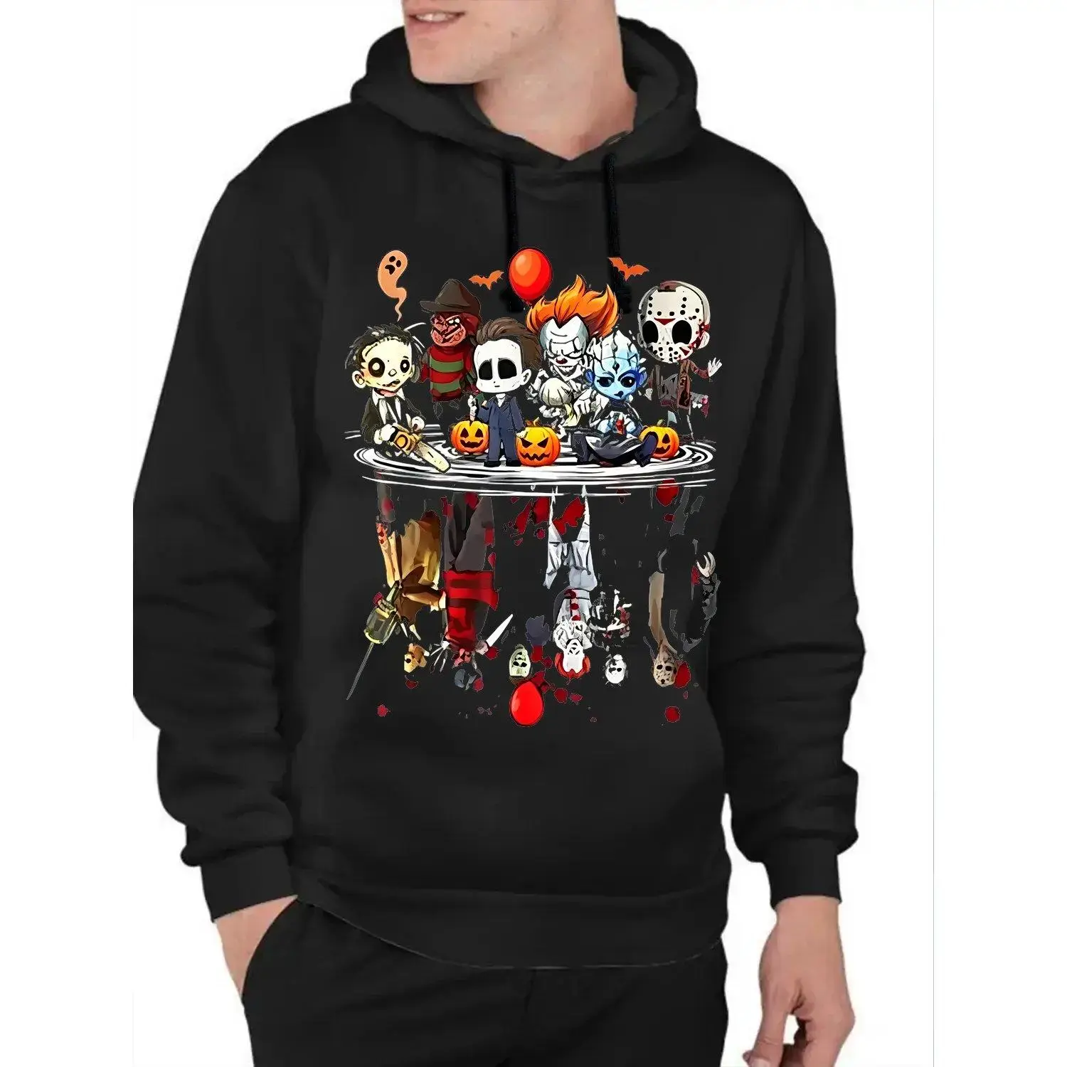Men's Sports Hoodie Horror Movie Characters Halloween Design Spooky Season Matching Family Tops Horror Movie Fans Halloween Party Goers Gothic Style Lovers Film Buffs Casual Comfortable Athletic Wear Menswear Sweatshirts