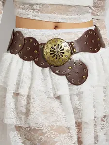 Women's Boho Vintage Western Style PU Belt, Western Concho Belts, Hollow Out Metal Buckle Design, Wide Waistband for Casual Pants & Dresses