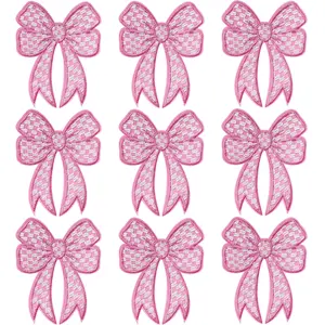 9Pcs Pink Racing Bow Iron-On Patches Cute Checkerboard Embroidery Appliques DIY Decals Fashion Accessories for Jeans Jackets Hats Clothing Backpacks