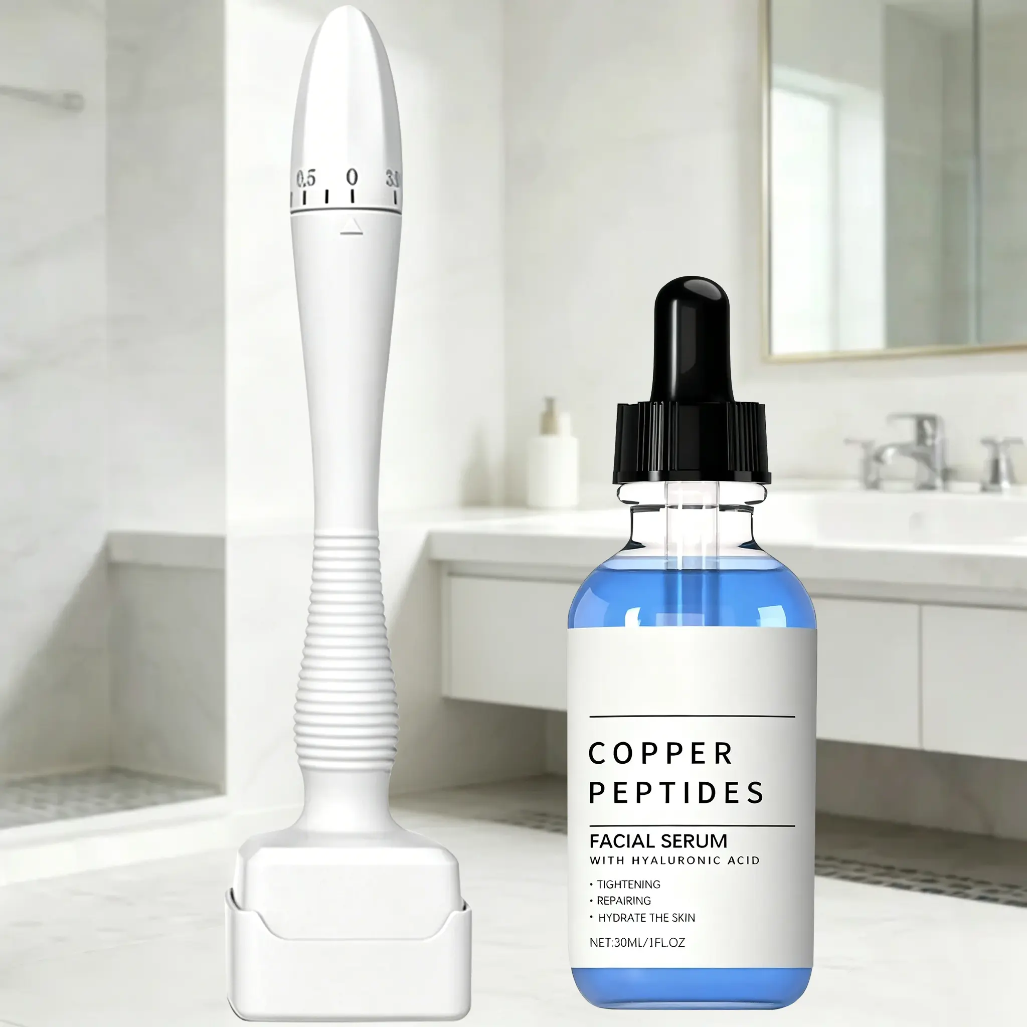 0.25mm Titanium Daily Beauty Tool (Face, Beard, Scalp) + GHK-Cu Copper Peptide Serum (30ml, Hyaluronic Acid, Hydrating, Nourishing, Fragrance-Free, Vegan, Cruelty-Free) for All Skin Types