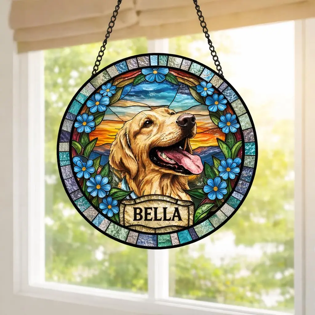 Personalized Dog Portrait Acrylic Suncatcher – Custom Pet Memorial Photo Window Hanging, Dog Loss Keepsake Gift