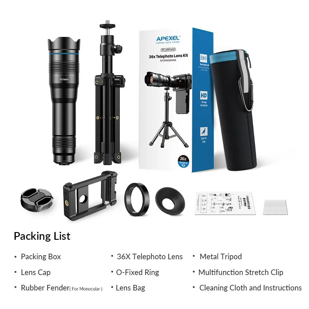APEXEL Smartphone 36x Telephoto Lens Kit, Universal Clip-On Camera