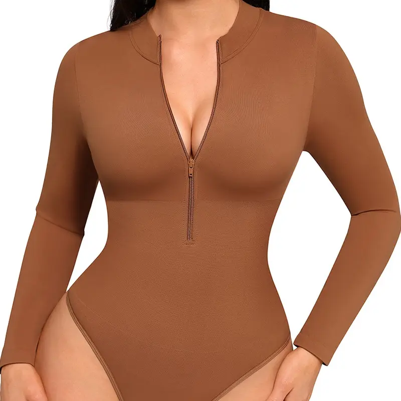 FeelinGirl #livestream Long Sleeve Bodysuit for Women Mock Turtle Neck Body Suits Zip Up Design Black Bodysuit Shirts fall Womenswear Collar Fabric Nylon