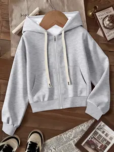 Women's Simple Fitted Hooded Zipper Long Sleeve Short Sweatshirt Jacket, Comfortable Fashion Versatile Clothing, Ideal for Daily Commute and Casual