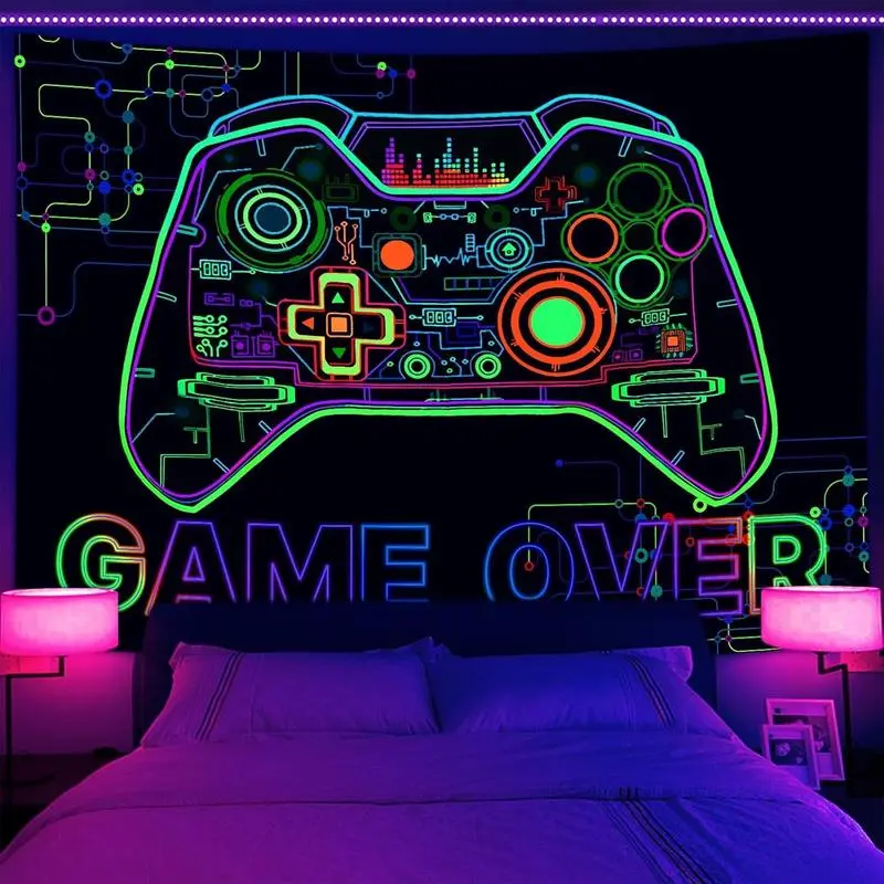Blacklight Game Wall Tapestry for Men, UV Reactive Techno Gamepad Black Light Decor, 60x40in Colorful Home Decor for Bedroom, Dorm, Table - Game Room Wall Hanging