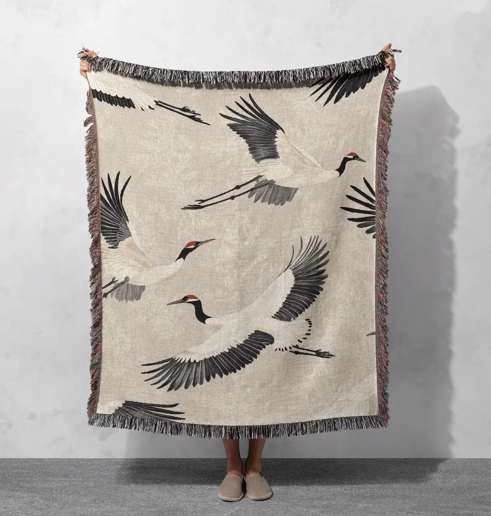 Elegant Cranes 100% Cotton Woven Blanket, Japanese-Inspired Nature Throw, Minimalist Bird Tapestry