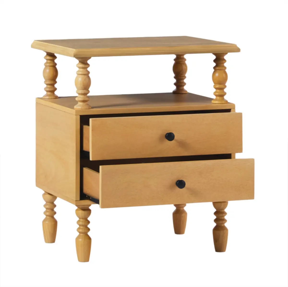 Walker Edison Rectangular Wooden Spindle Base Nightstand, Antique Look Solid Wood with Wood Veneer-MDF, 2-Drawer Storage Furniture for Farmhouse Spaces, 26"H x 17"W x 22"L, 36 lbs, EZ Setup with Pre-Assembled Components, Natural Finish