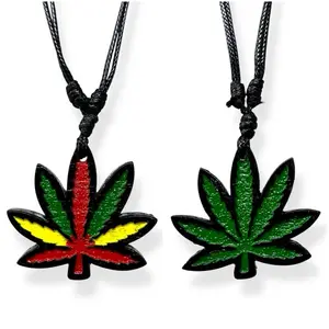 Marijuana Leaf Pendant Necklace – Hand-Painted Resin in Green or Rasta Colors, Adjustable Cord