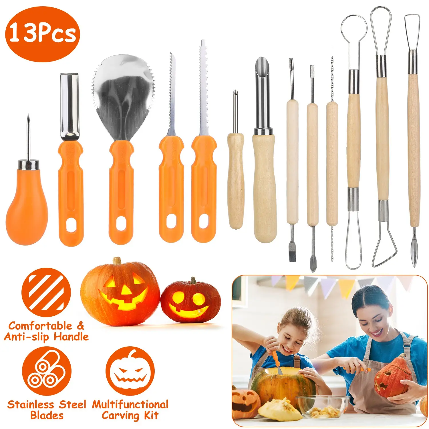13-Piece Beginner-Friendly Halloween Pumpkin Carving Kit - Stainless Steel Cutting Tools with Anti-Slip Handle (13×Pumpkin Carving Tools, 20×13×3 cm, 262 g) for Family DIY Jack-O-Lantern Festive Decorations, Requires Adult Supervision