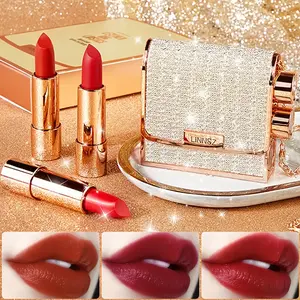 Matte Lipstick Set 3 Colours with Silver Chain Shining Bag Non-Stick Long Lasting Red Lip Makeup 3.5gx3pcs Gloss Lipgloss
