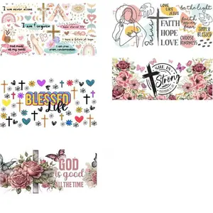 5 Sheets 3D UV Transfer Sticker Design Jesus Blessed Cup Wraps Stickers for 16oz Glass Mug Waterproof Rub on Transfers Decal for Crafts