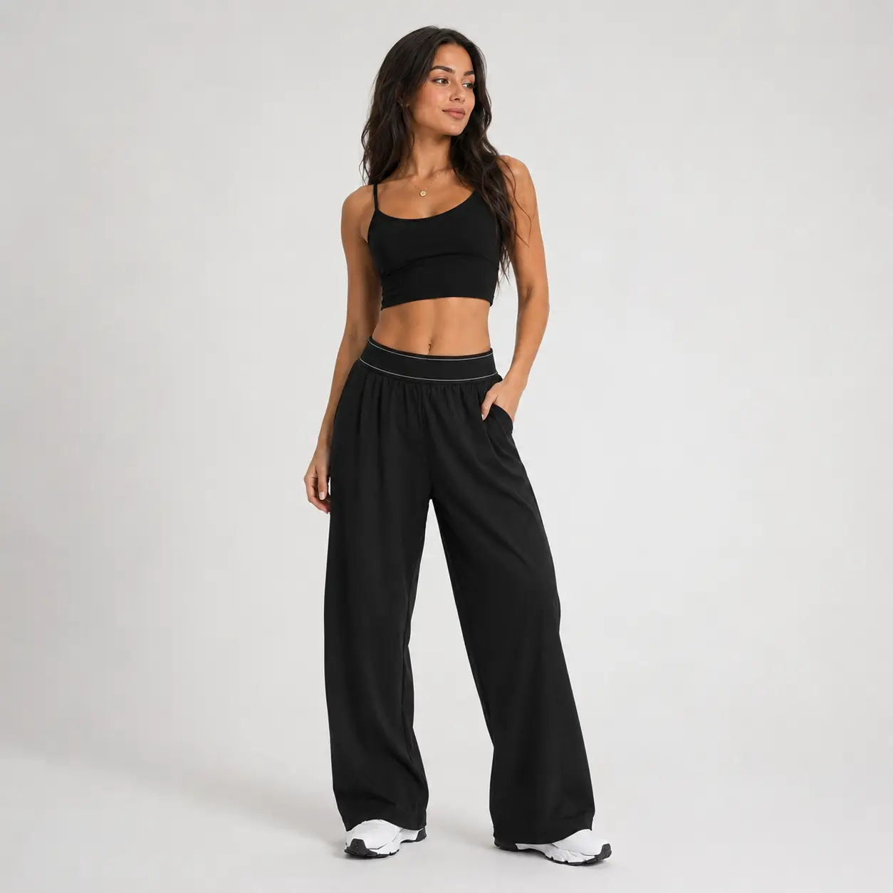 Women's High-Waisted Wide-Leg Pants with Pockets – Loose Fit Casual Lounge Trousers for Everyday Wear, Comfortable Athleisure Pants, Black/Gray/Navy