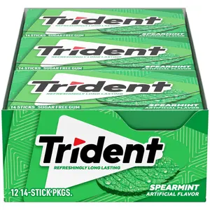 Trident Spearmint Sugar-Free Chewing Gum, 12 Packs of 14 Pieces (168 Total Pieces) Snack Flavor Flavored